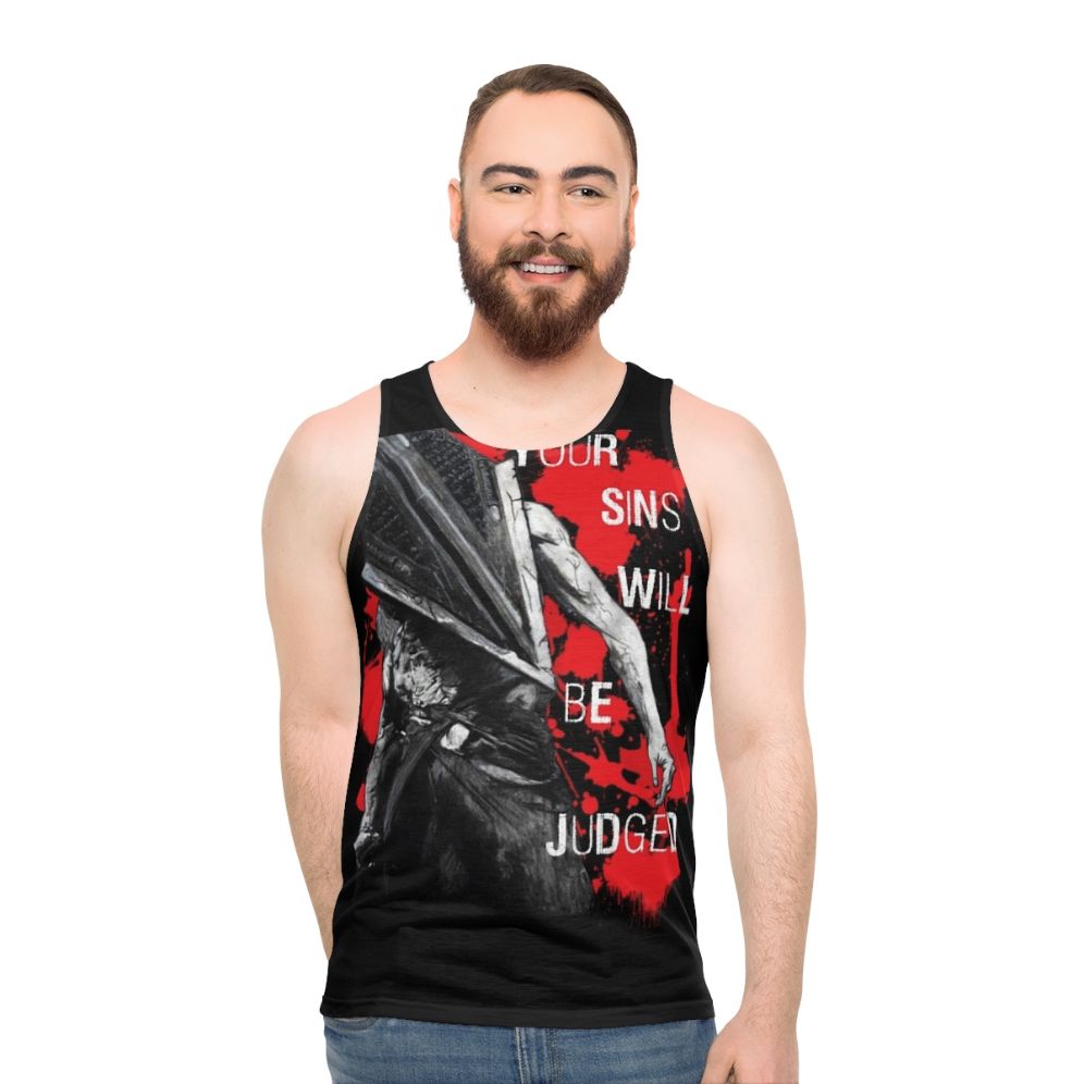 Horror themed unisex tank top with "Your Sins Will Be Judged Again" design