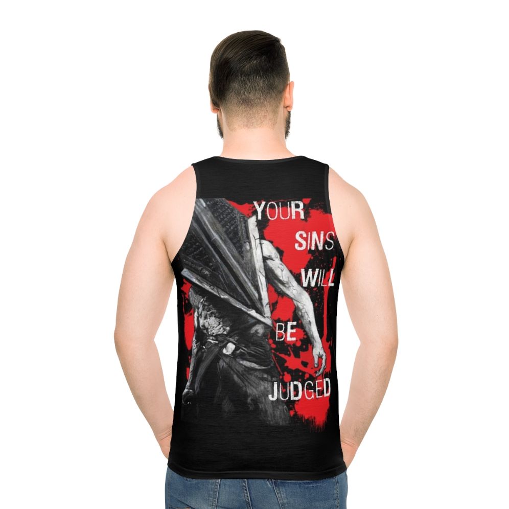 Horror themed unisex tank top with "Your Sins Will Be Judged Again" design