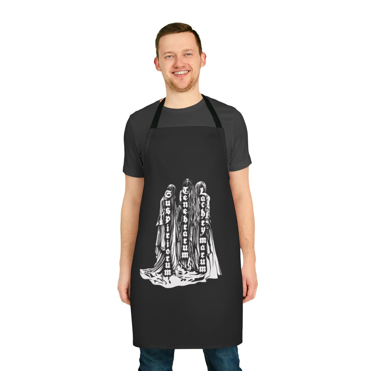White apron with horror and suspense design inspired by the film Suspiria