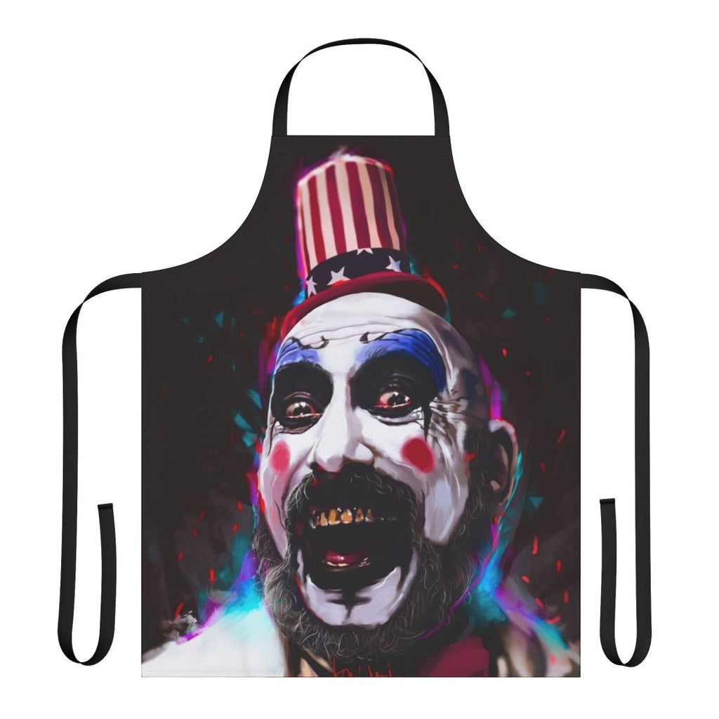 Captain Spaulding inspired apron with a horror movie theme