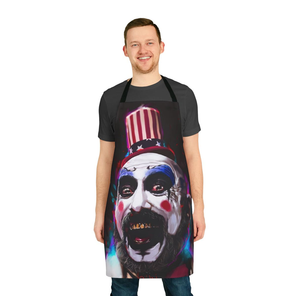 Captain Spaulding inspired apron with a horror movie theme