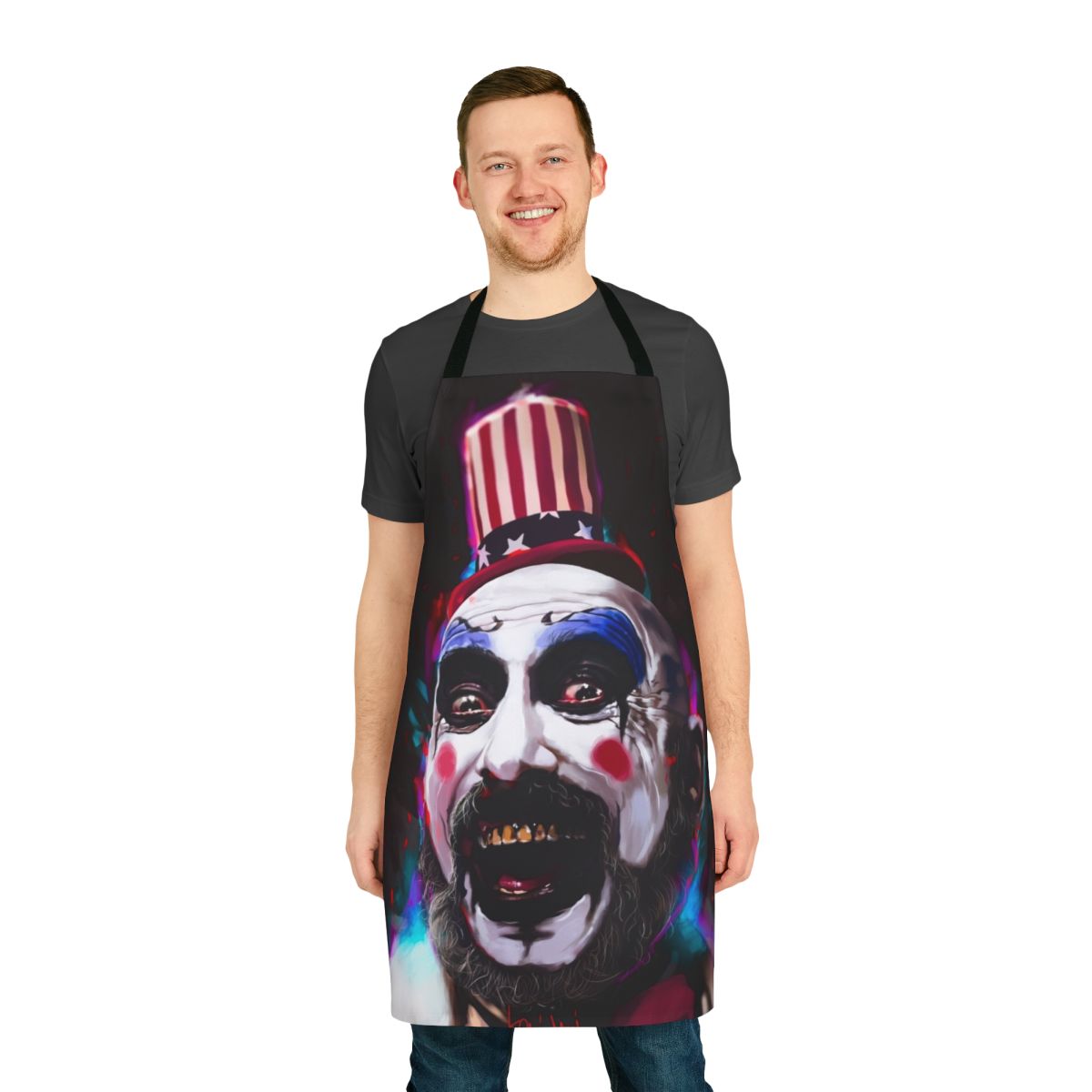 Captain Spaulding inspired apron with a horror movie theme