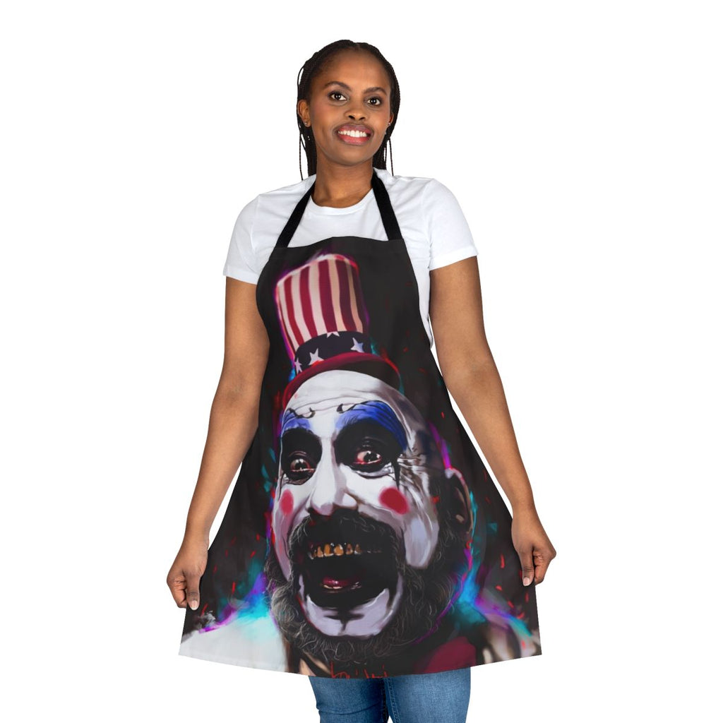 Captain Spaulding inspired apron with a horror movie theme