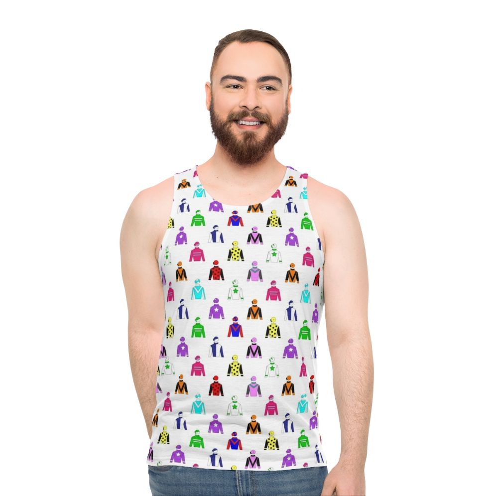 Unisex tank top featuring the vibrant colors of jockey silks