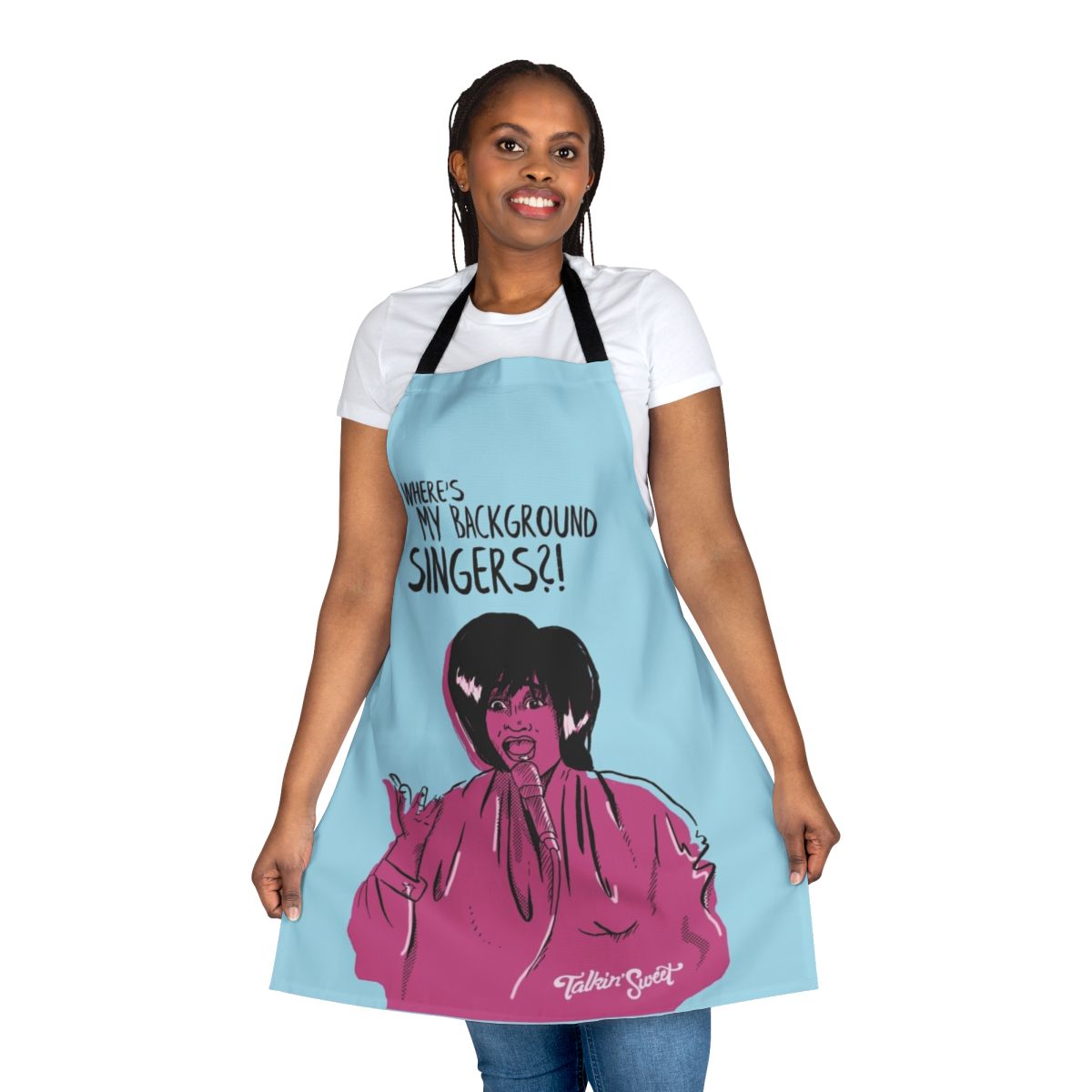 Hot pink apron with pop art inspired Patti Labelle design