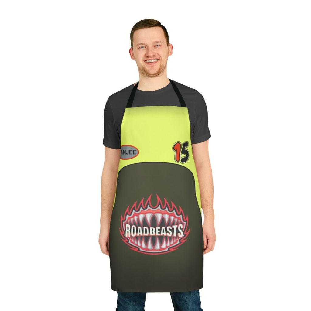 Hot Wheels-themed apron with Banjee Castillo World Race outfit design