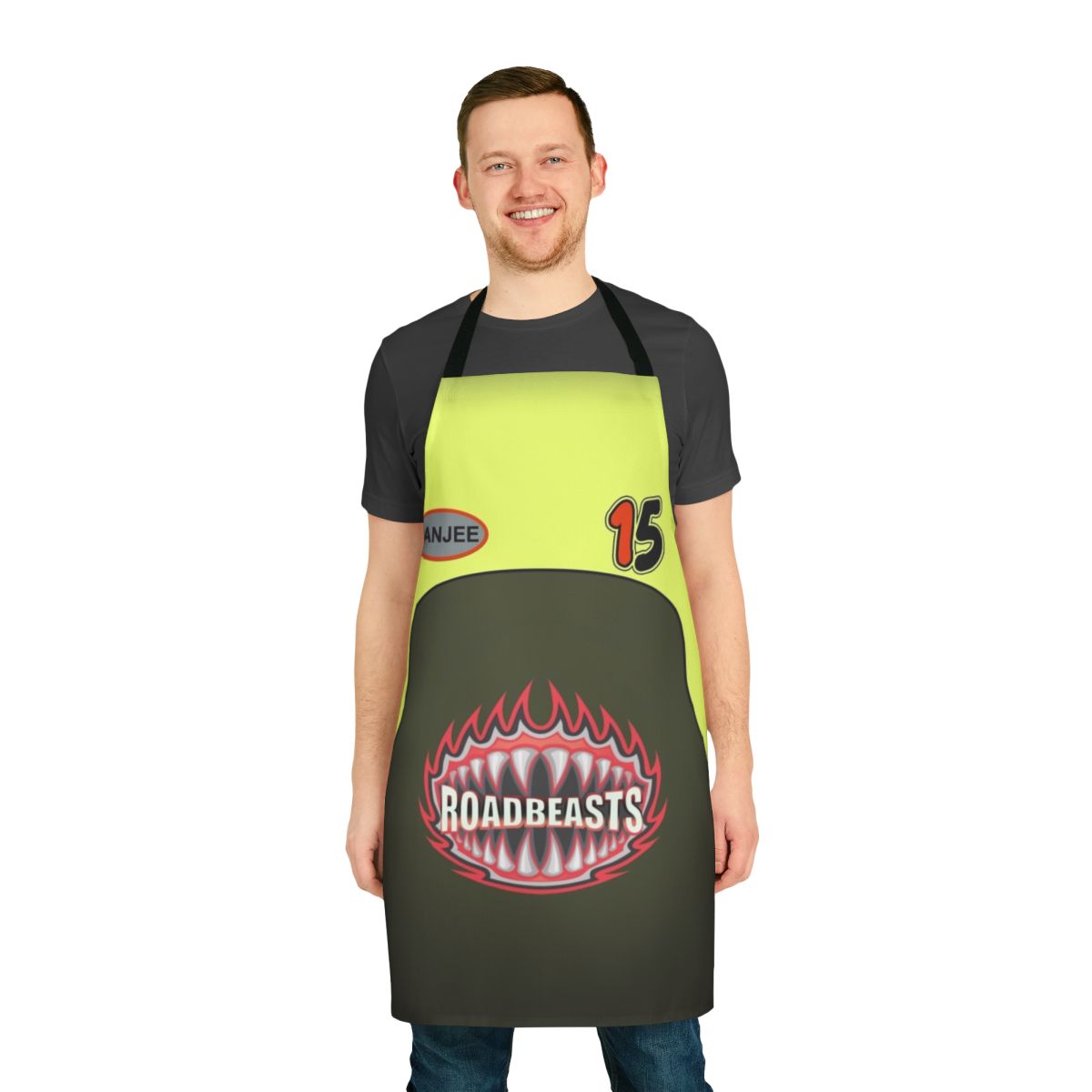 Hot Wheels-themed apron with Banjee Castillo World Race outfit design