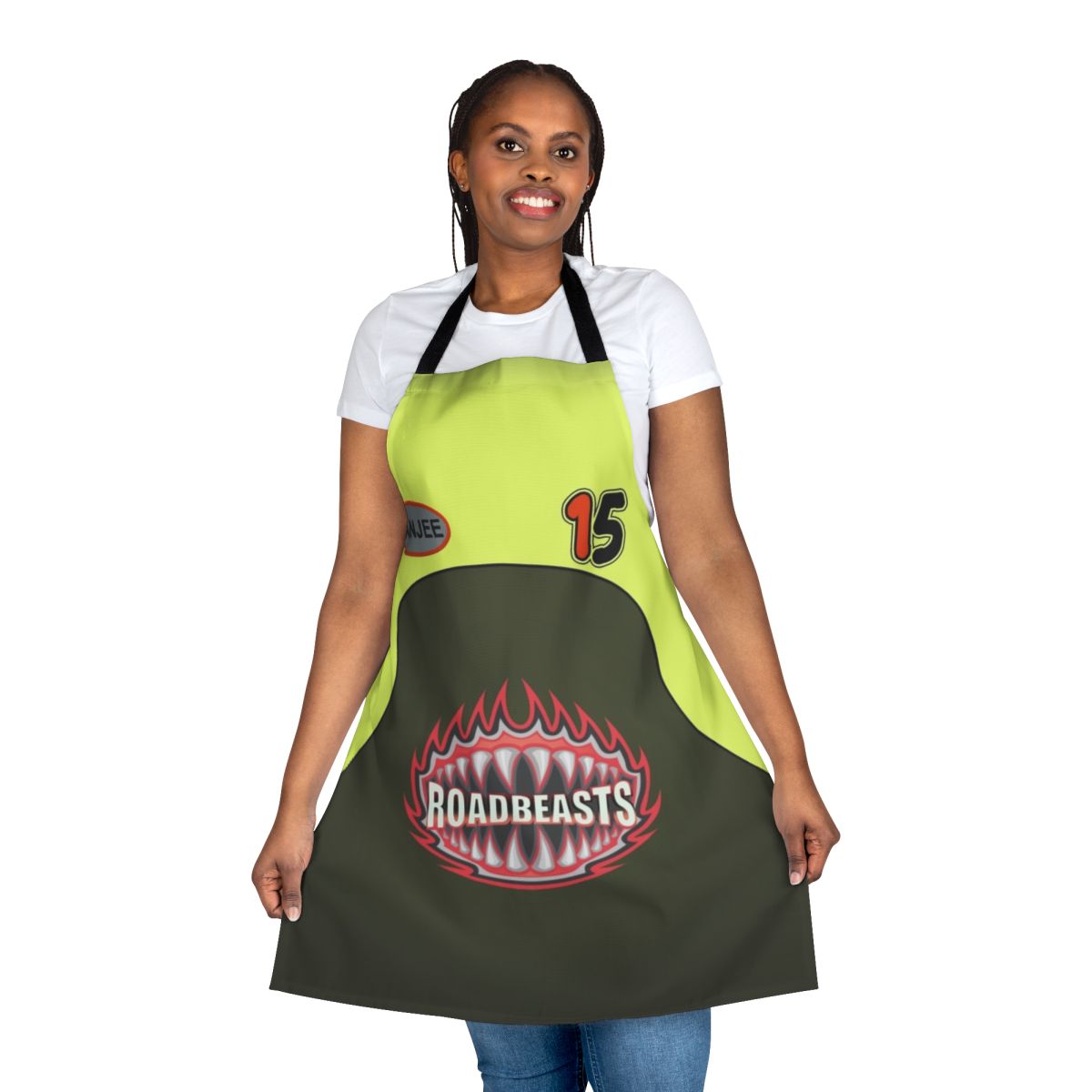 Hot Wheels-themed apron with Banjee Castillo World Race outfit design