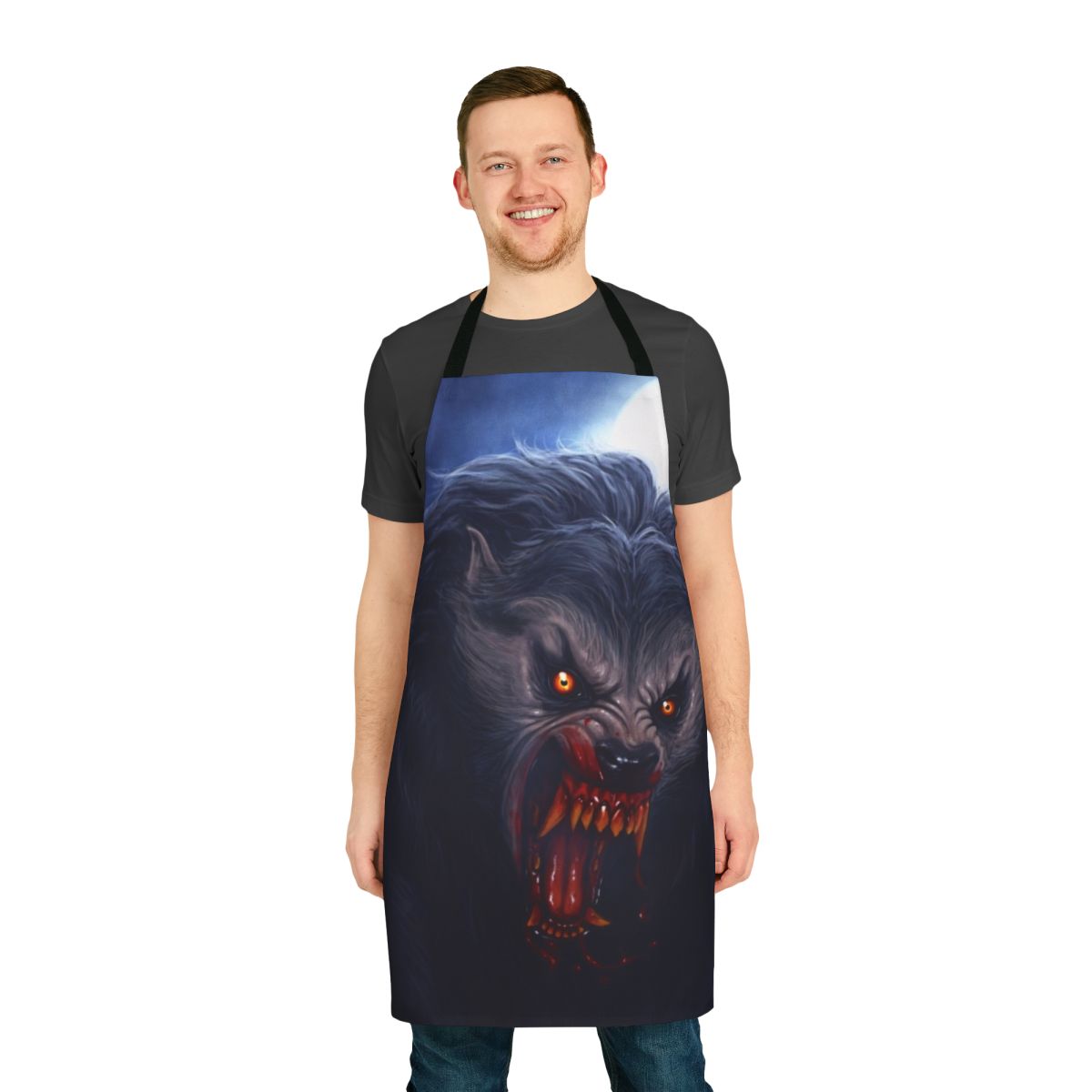 Howling horror werewolf creature on a black apron
