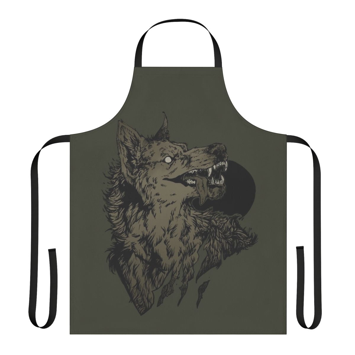 Black apron with a werewolf silhouette against a full moon in a forest setting