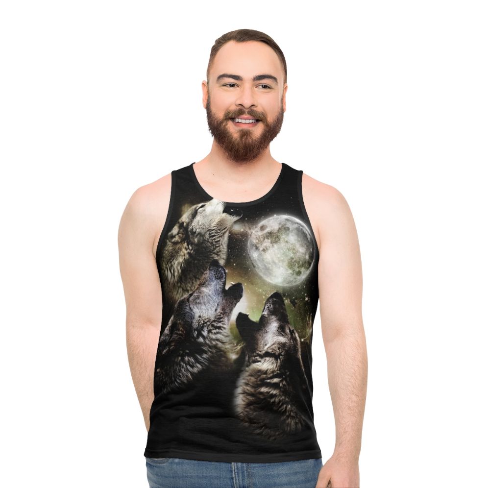 Three wolves howling at the moon on a unisex tank top