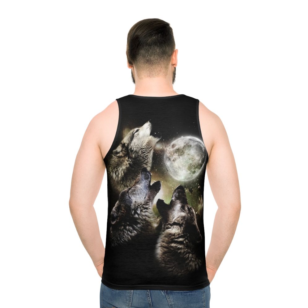 Three wolves howling at the moon on a unisex tank top