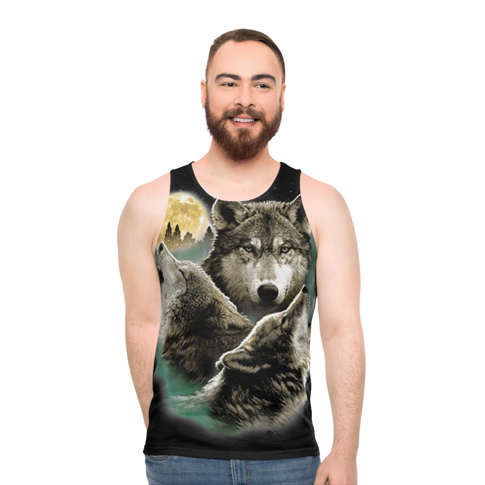 Unisex tank top with three wolves howling at the full moon in the wilderness