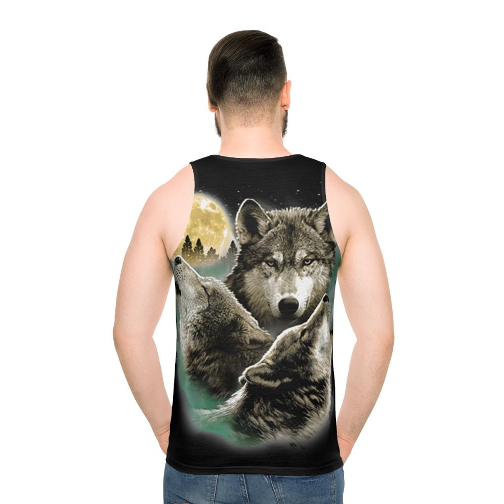 Unisex tank top with three wolves howling at the full moon in the wilderness