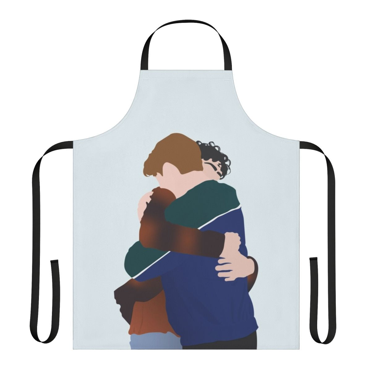 A custom apron featuring a graphic of Charlie Spring and Nick Nelson from the Netflix series Heartstopper hugging.