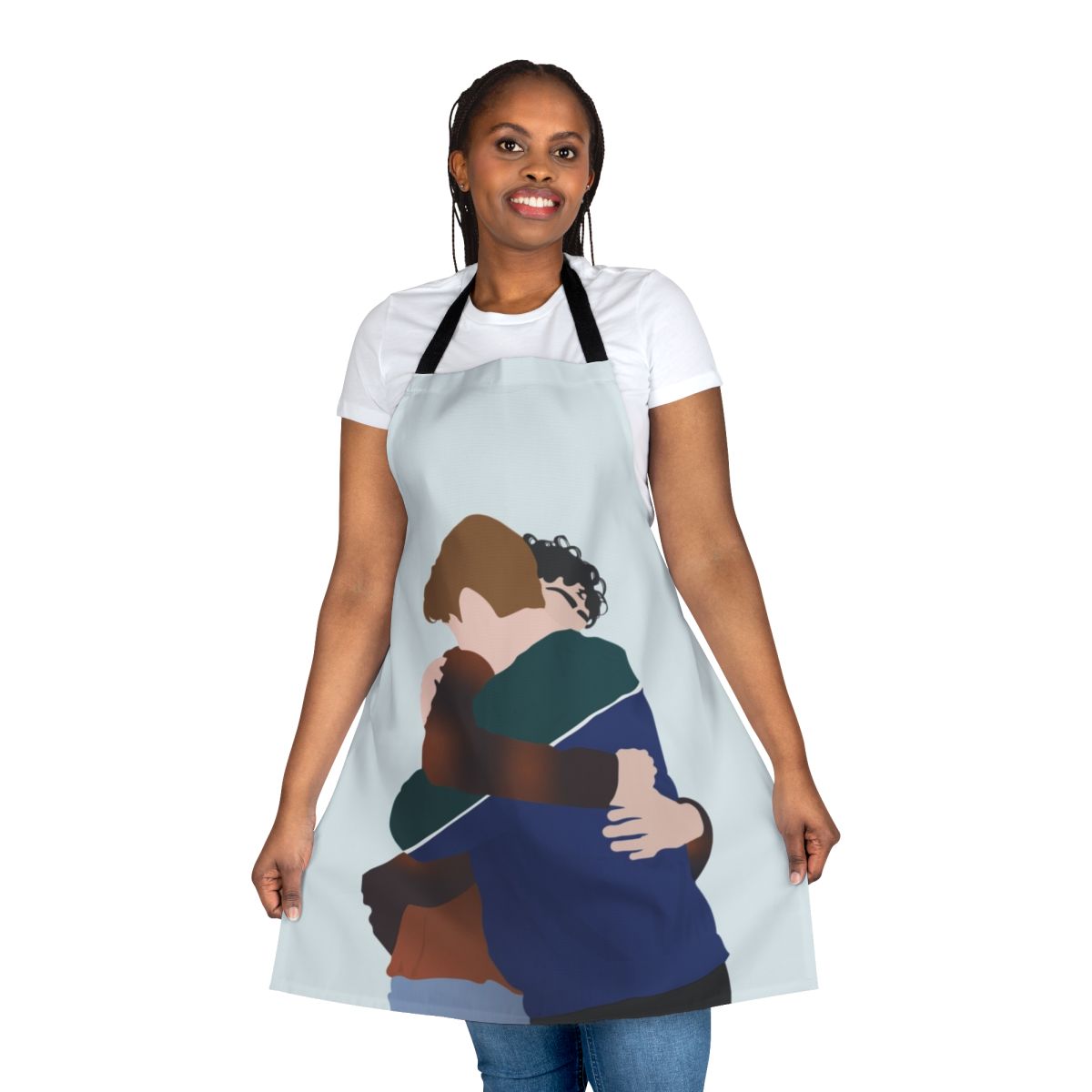 A custom apron featuring a graphic of Charlie Spring and Nick Nelson from the Netflix series Heartstopper hugging.