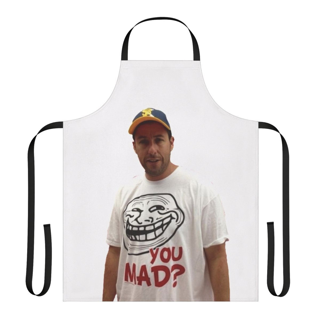An apron featuring a parody image of Adam Sandler wearing a 'U Mad' t-shirt