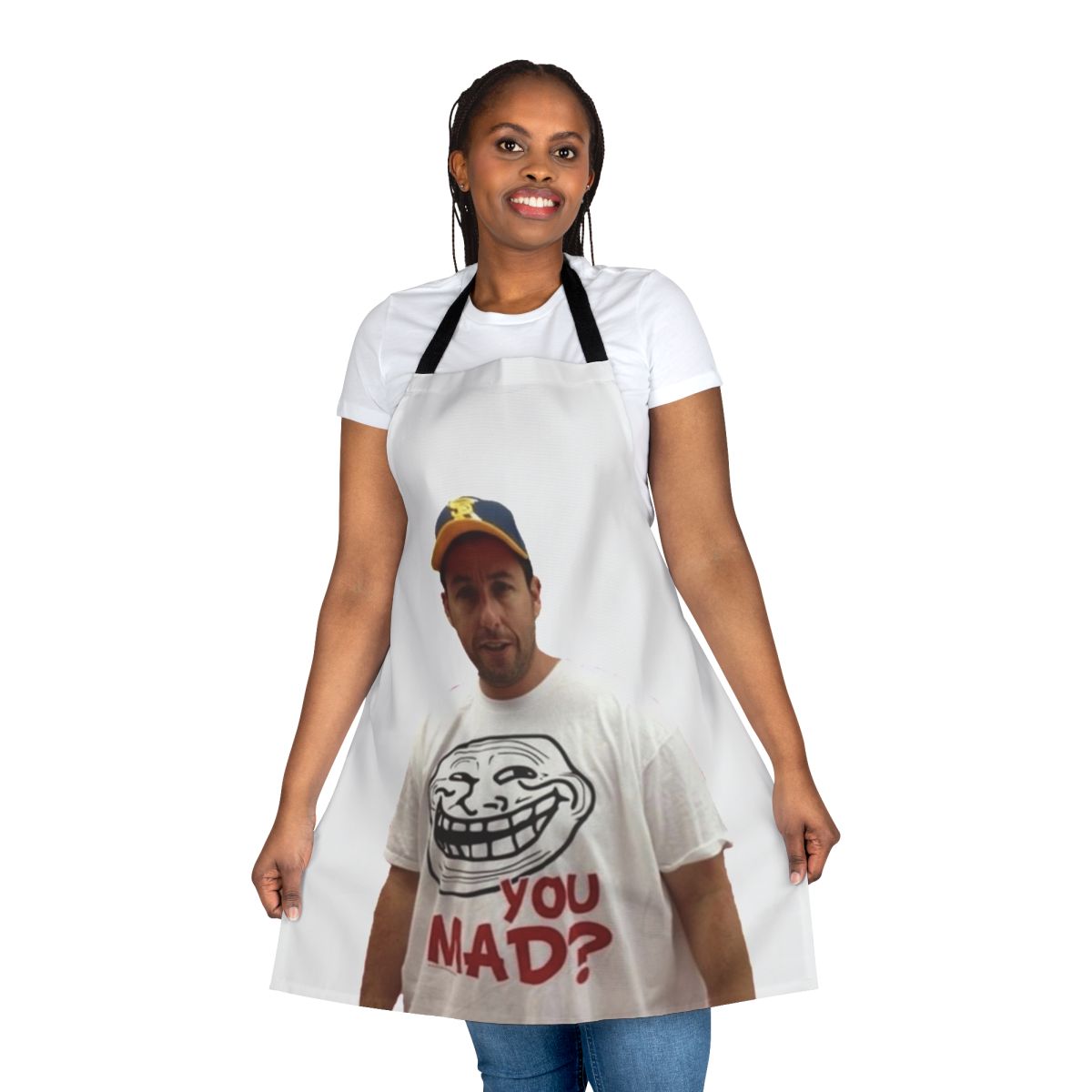 An apron featuring a parody image of Adam Sandler wearing a 'U Mad' t-shirt