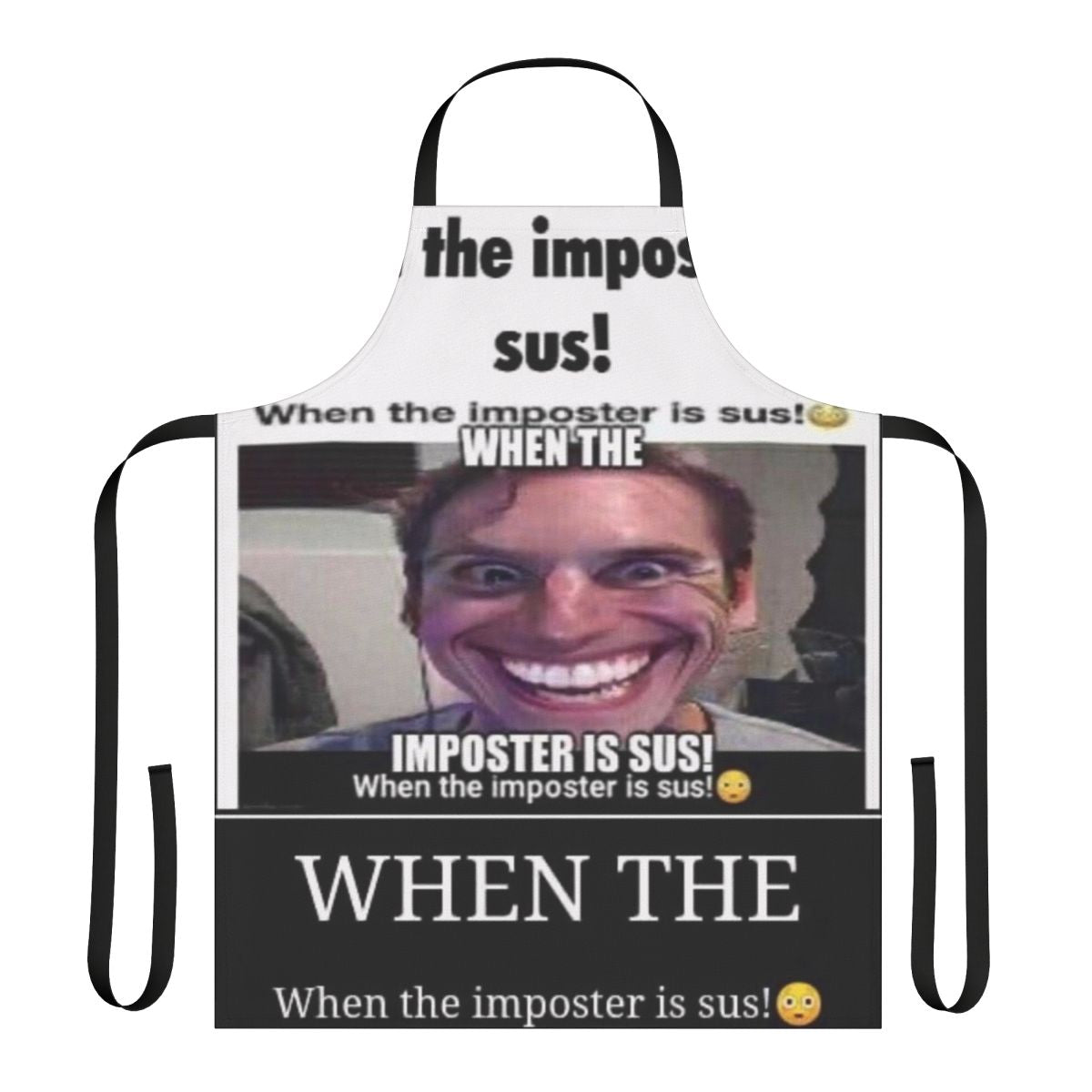 Apron with "When Impostor Is Sus" text and Among Us-inspired design