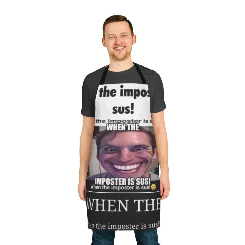 Apron with "When Impostor Is Sus" text and Among Us-inspired design