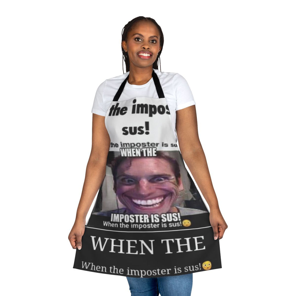 Apron with "When Impostor Is Sus" text and Among Us-inspired design