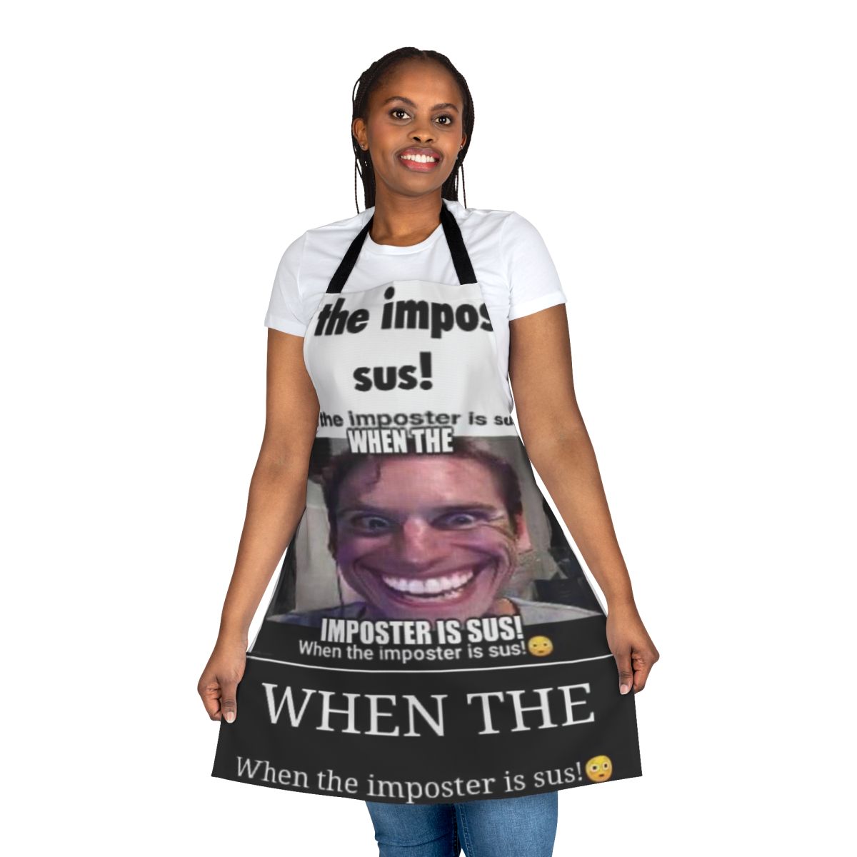 Apron with "When Impostor Is Sus" text and Among Us-inspired design