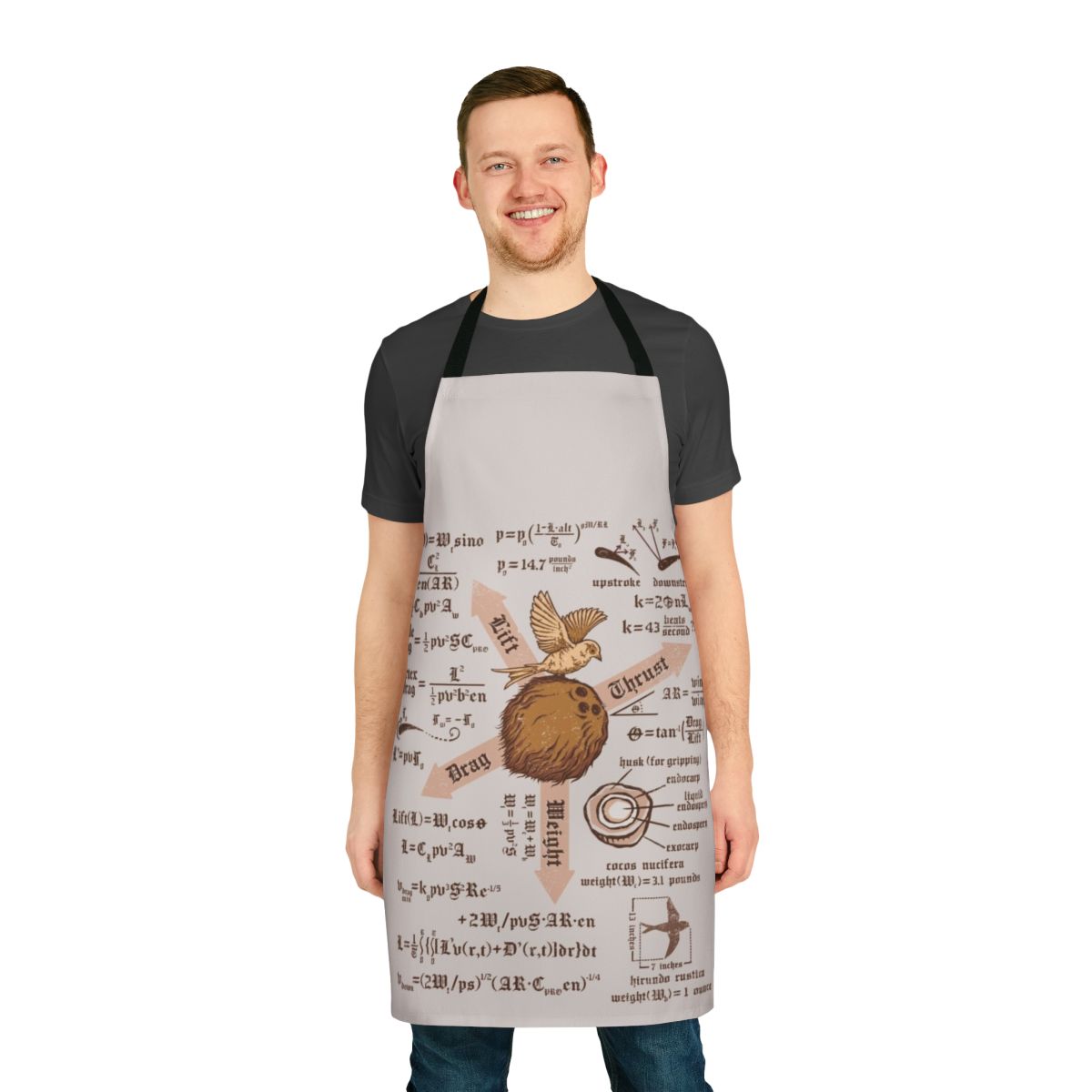 Apron featuring a Monty Python-inspired design and weight ratio calculations