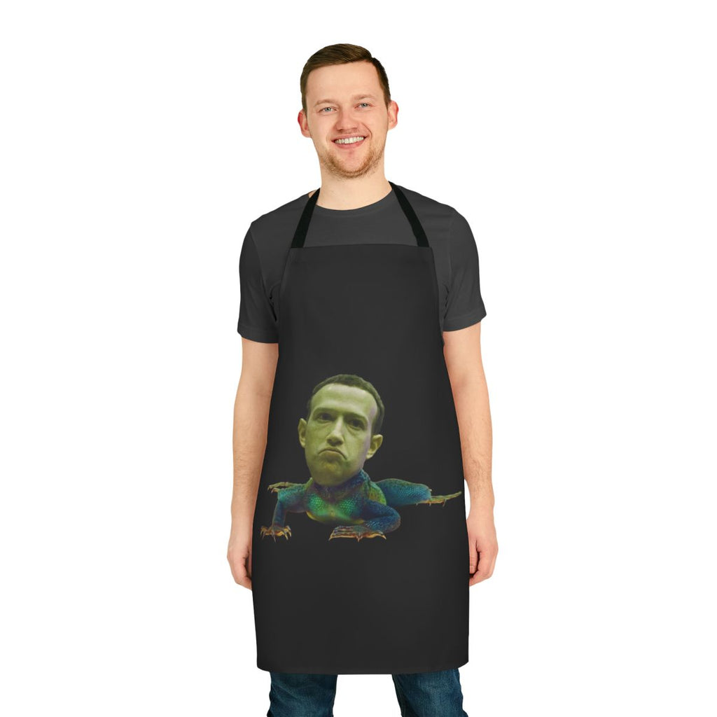 Apron with a humorous "Mark Zuckerberg is a Lizard" design, perfect for tech enthusiasts and barbecue lovers.