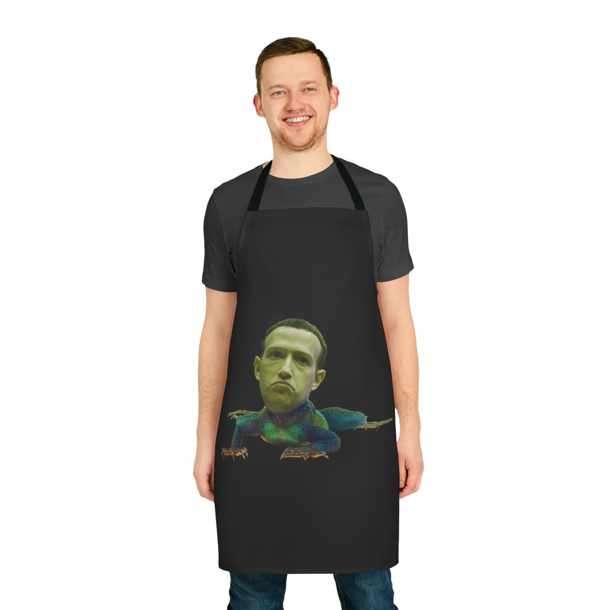 Apron with a humorous "Mark Zuckerberg is a Lizard" design, perfect for tech enthusiasts and barbecue lovers.