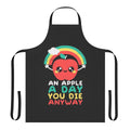 Apron with a stylized rainbow apple design and a sarcastic "An Apple A Day You Die Anyway" message.