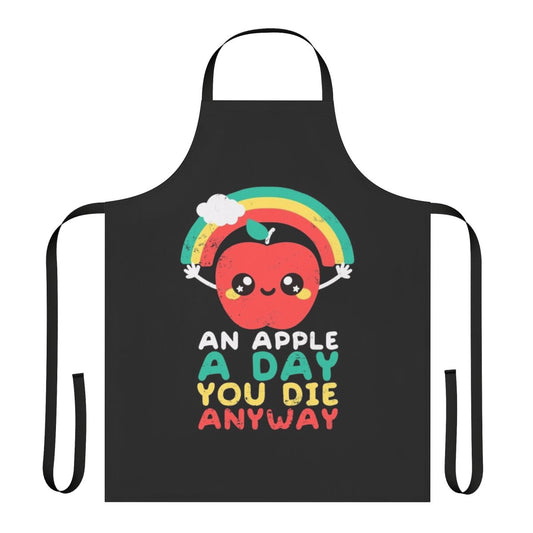 Apron with a stylized rainbow apple design and a sarcastic "An Apple A Day You Die Anyway" message.