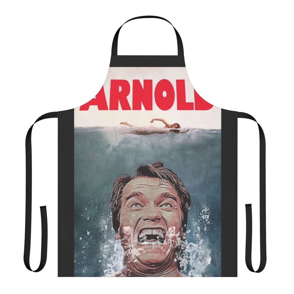 Photo of an apron featuring a parody design with Arnold Schwarzenegger and a shark