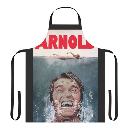 Photo of an apron featuring a parody design with Arnold Schwarzenegger and a shark