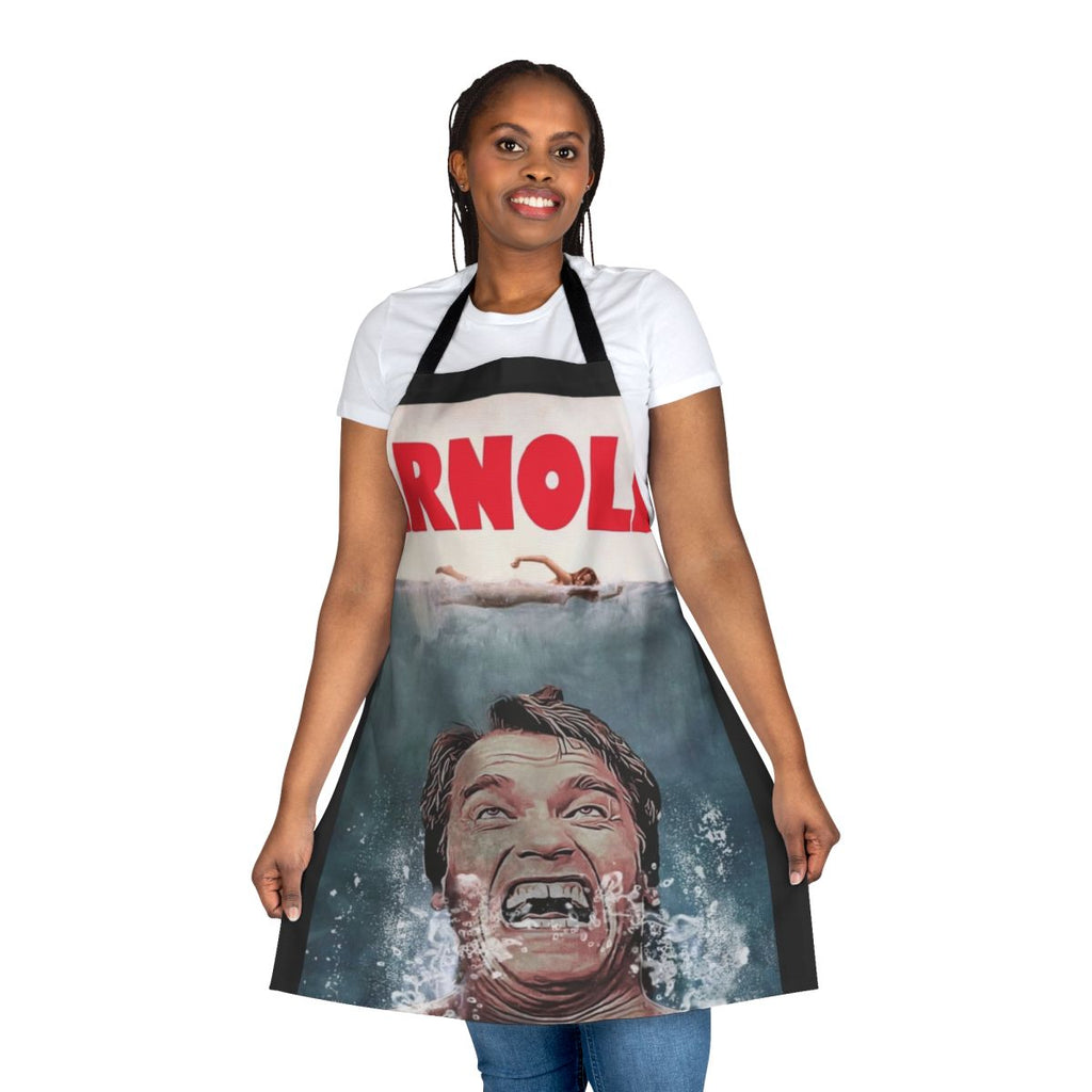 Photo of an apron featuring a parody design with Arnold Schwarzenegger and a shark