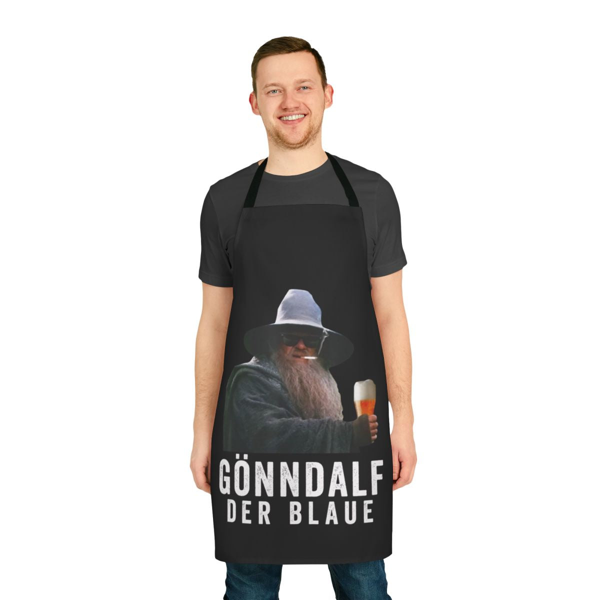 Apron with a humorous beer drinker design, featuring the text "G Nndalf The Blue Beer Drinker Drink Beer"