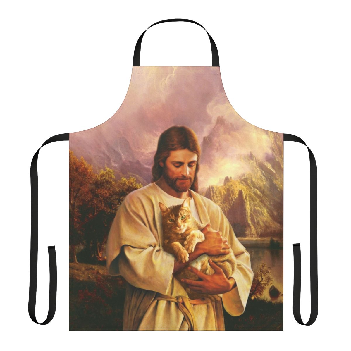 Funny apron depicting a cat in the style of the "Lamb of God" religious imagery