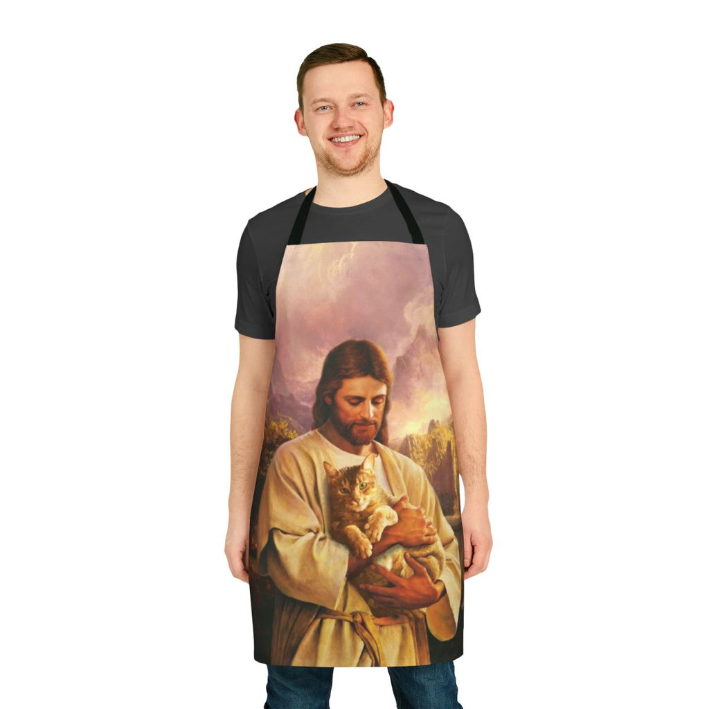 Funny apron depicting a cat in the style of the "Lamb of God" religious imagery