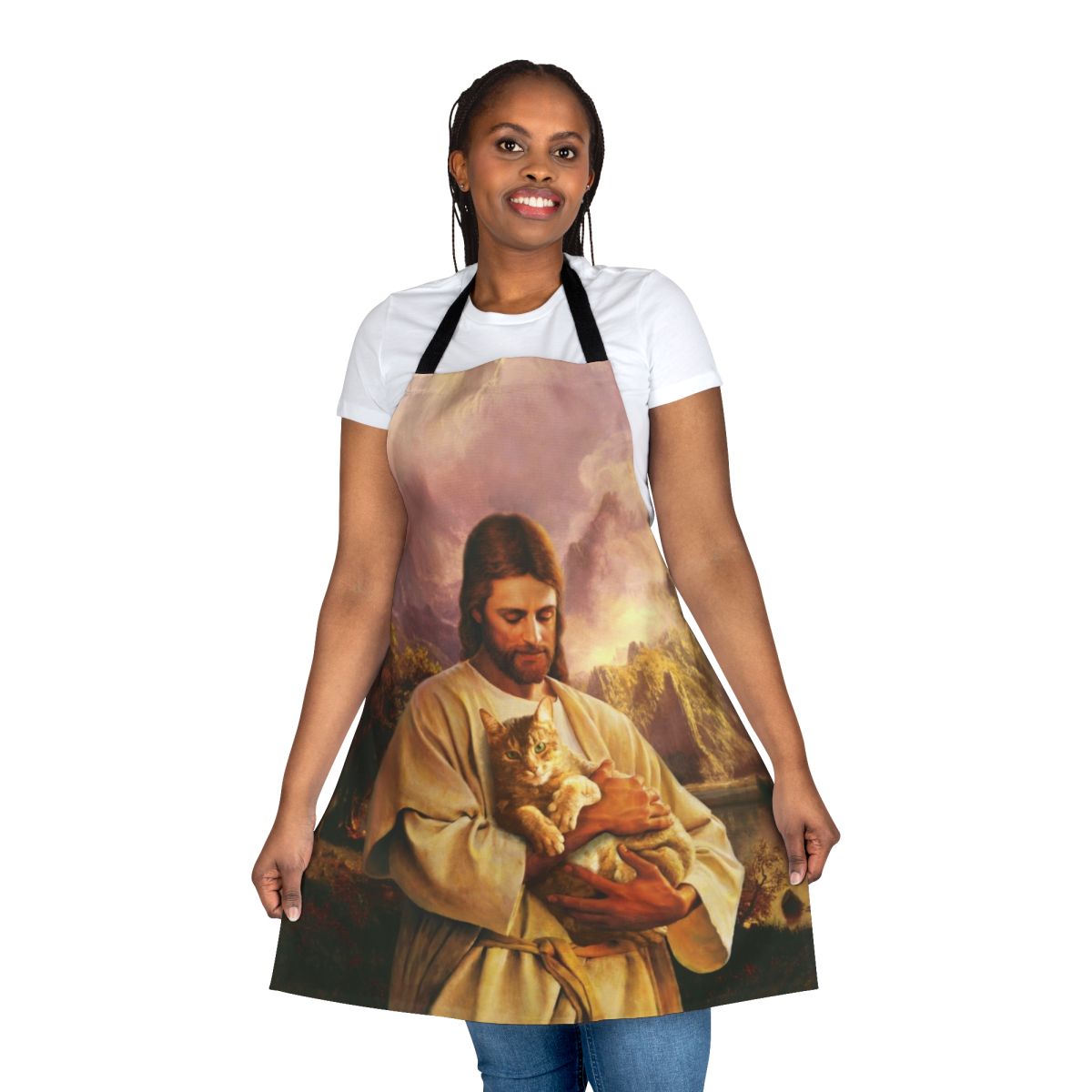Funny apron depicting a cat in the style of the "Lamb of God" religious imagery
