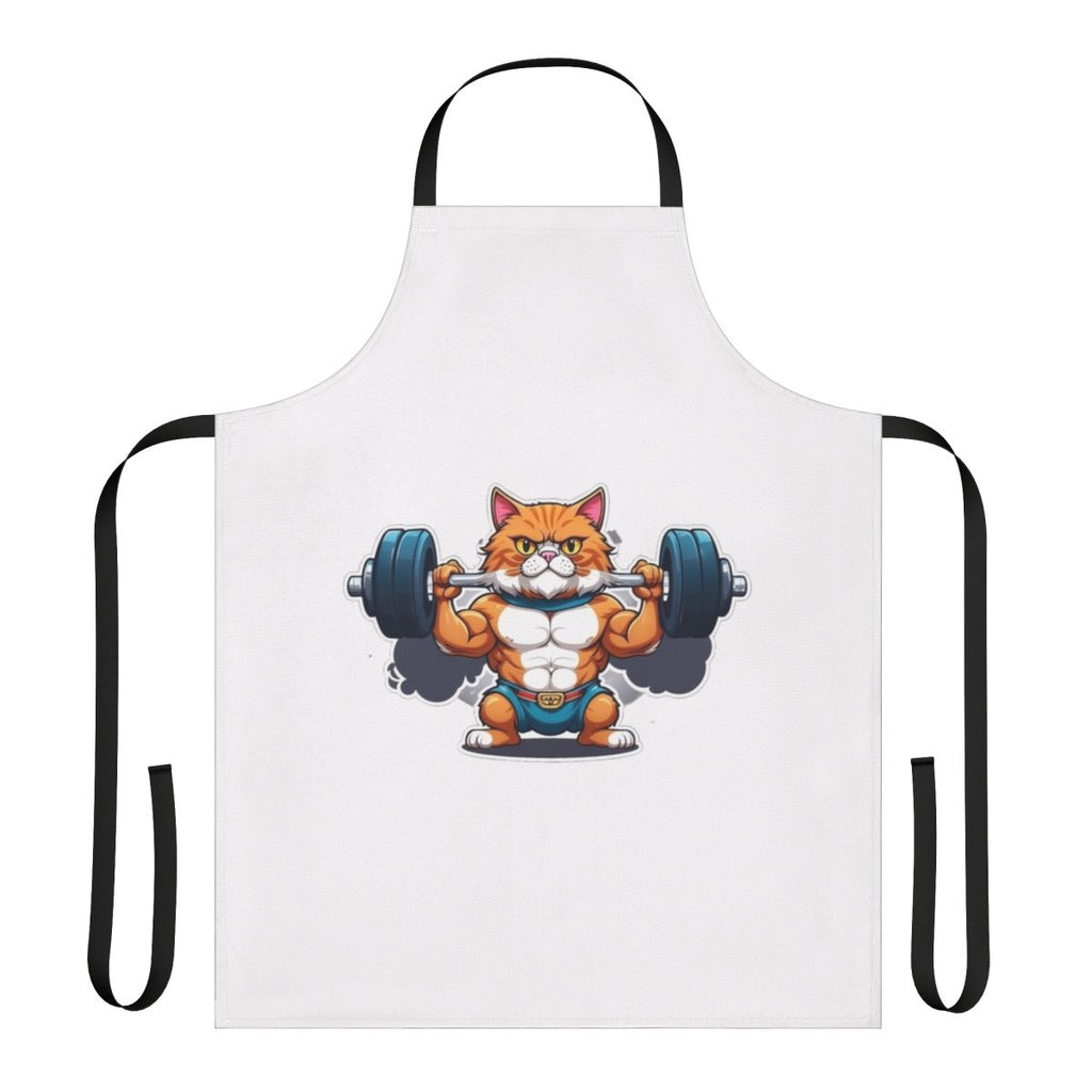 A funny apron featuring a cat lifting weights at the gym.