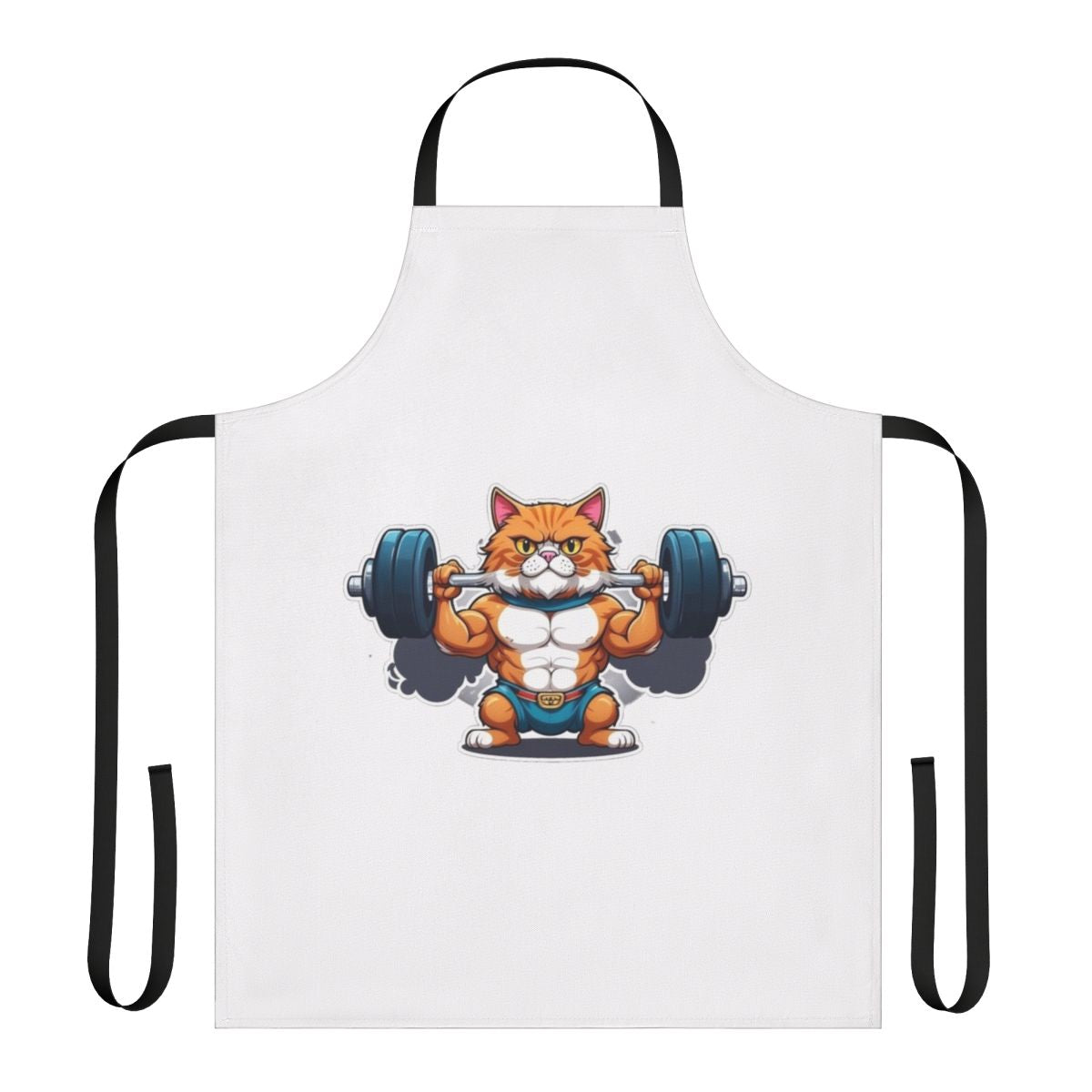 A funny apron featuring a cat lifting weights at the gym.