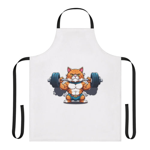 A funny apron featuring a cat lifting weights at the gym.