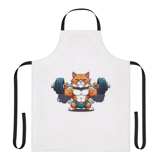 A funny apron featuring a cat lifting weights at the gym.