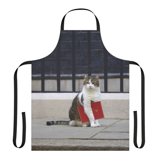 Illustration of Larry the cat wearing a red file apron