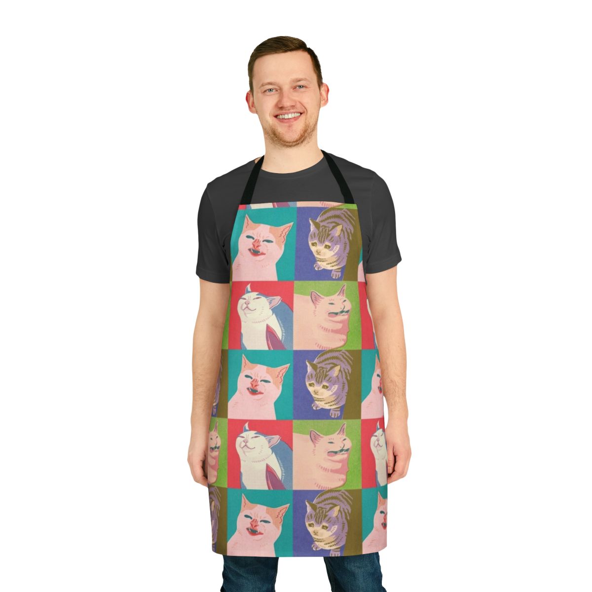 Colorful apron featuring four popular cat meme designs in a pop art style