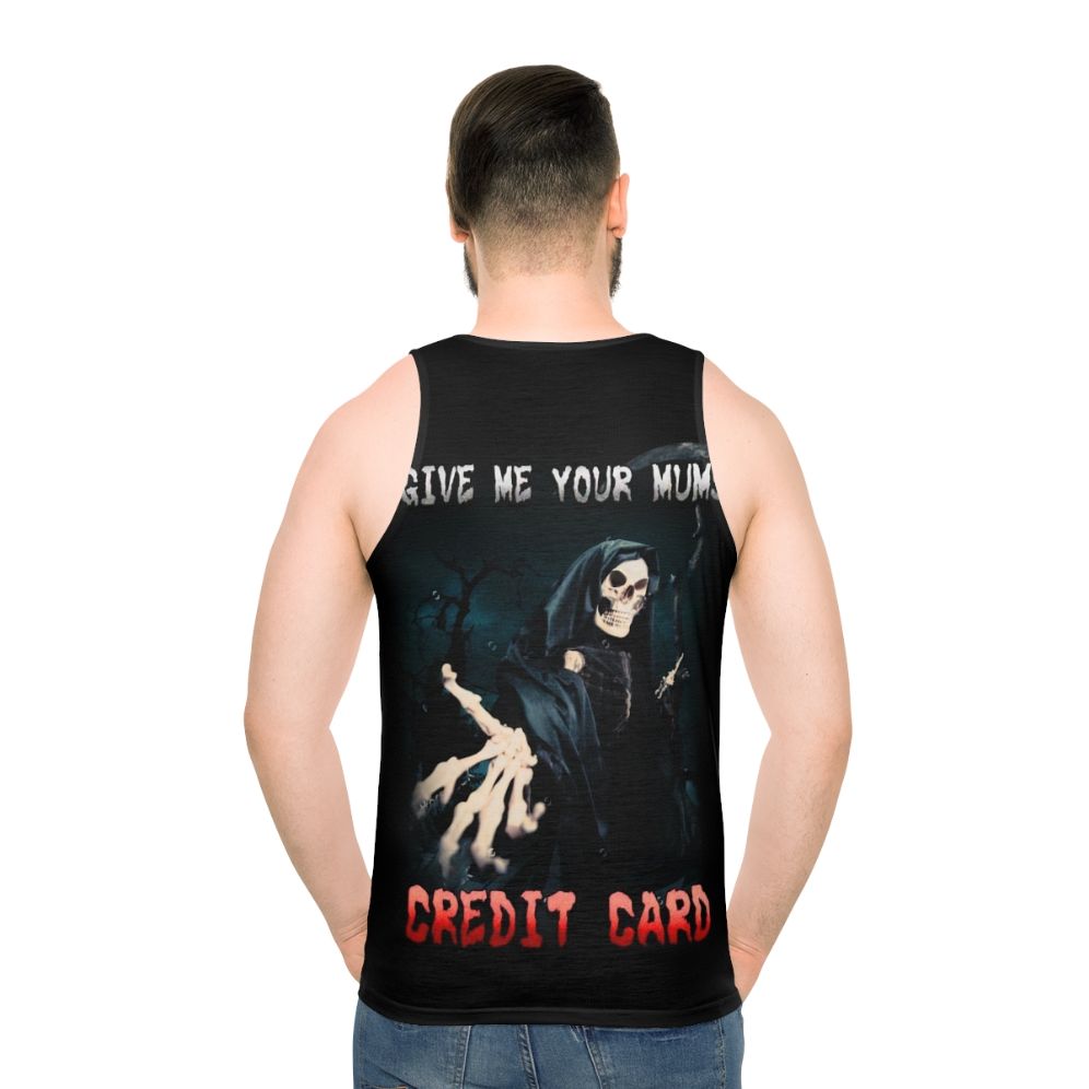 Humorous unisex tank top with credit card joke