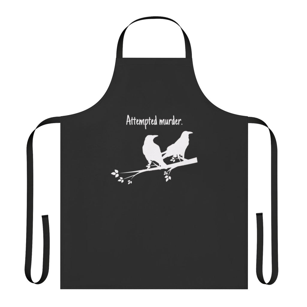 "Apron featuring a creative 'attempted murder' design with crows or ravens"
