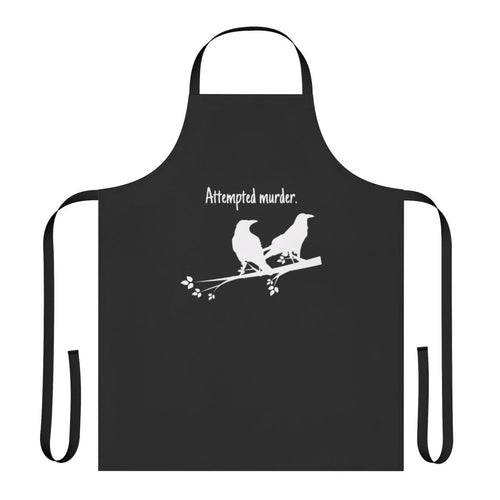 "Apron featuring a creative 'attempted murder' design with crows or ravens"