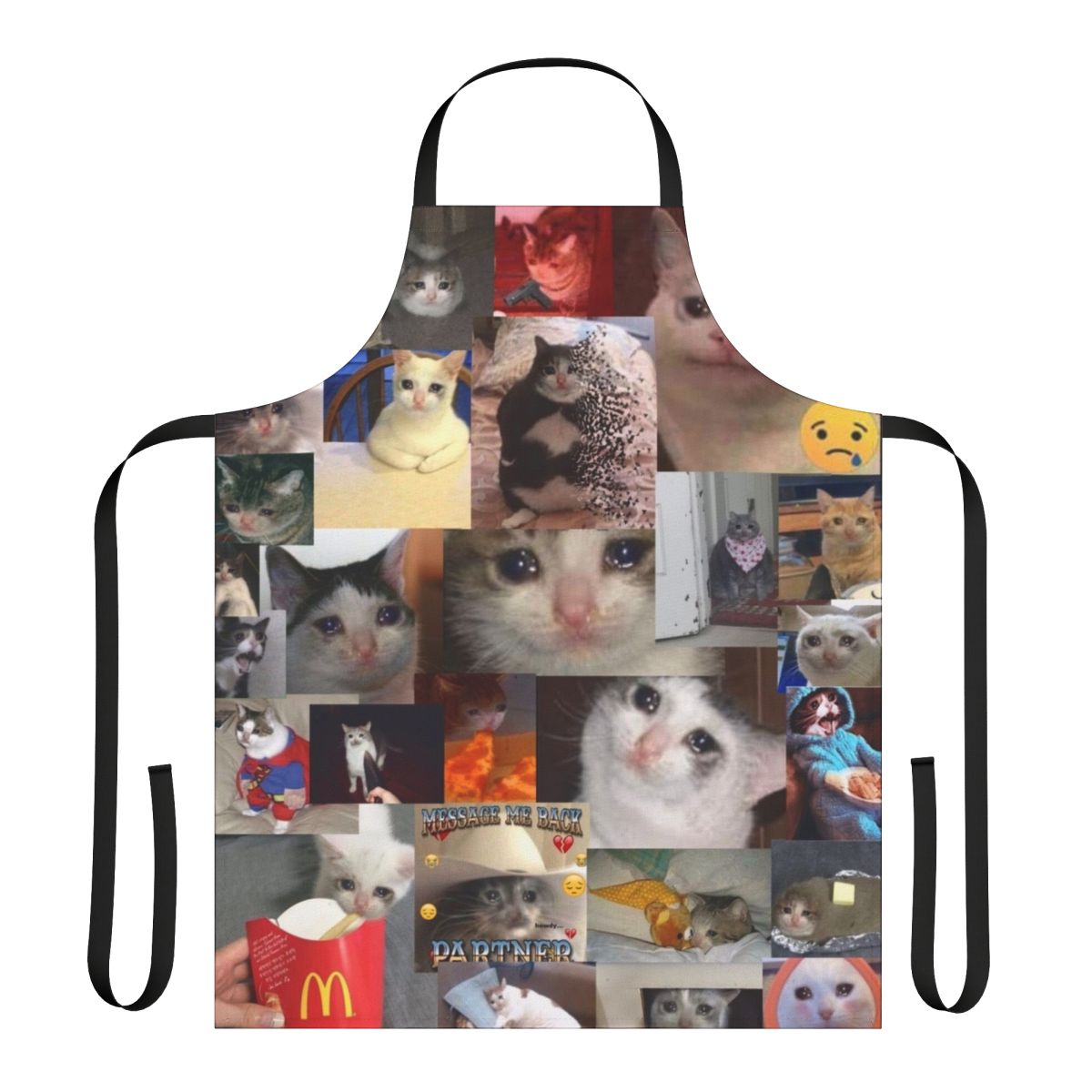 Stylish apron featuring a cute and funny crying cat meme design