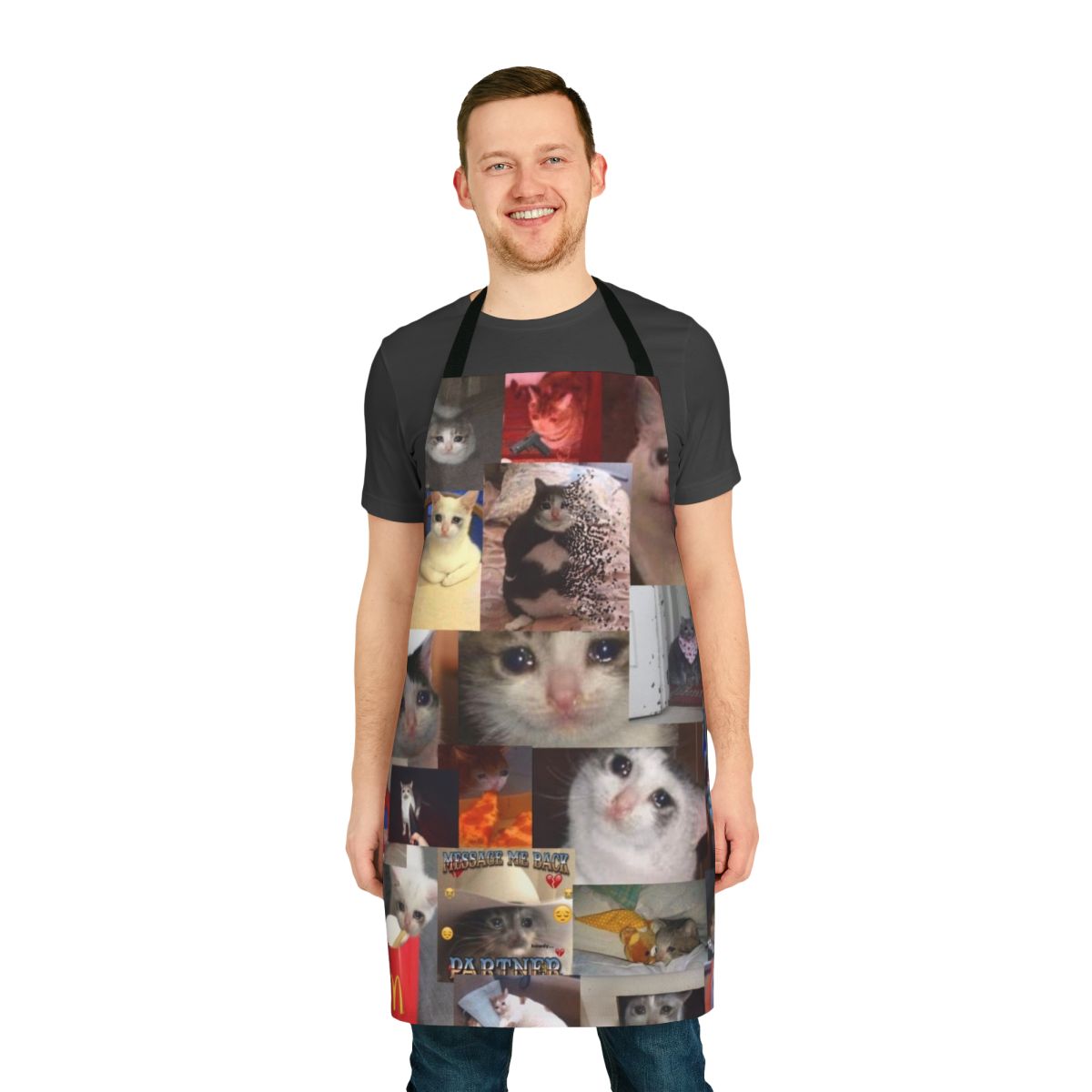Stylish apron featuring a cute and funny crying cat meme design