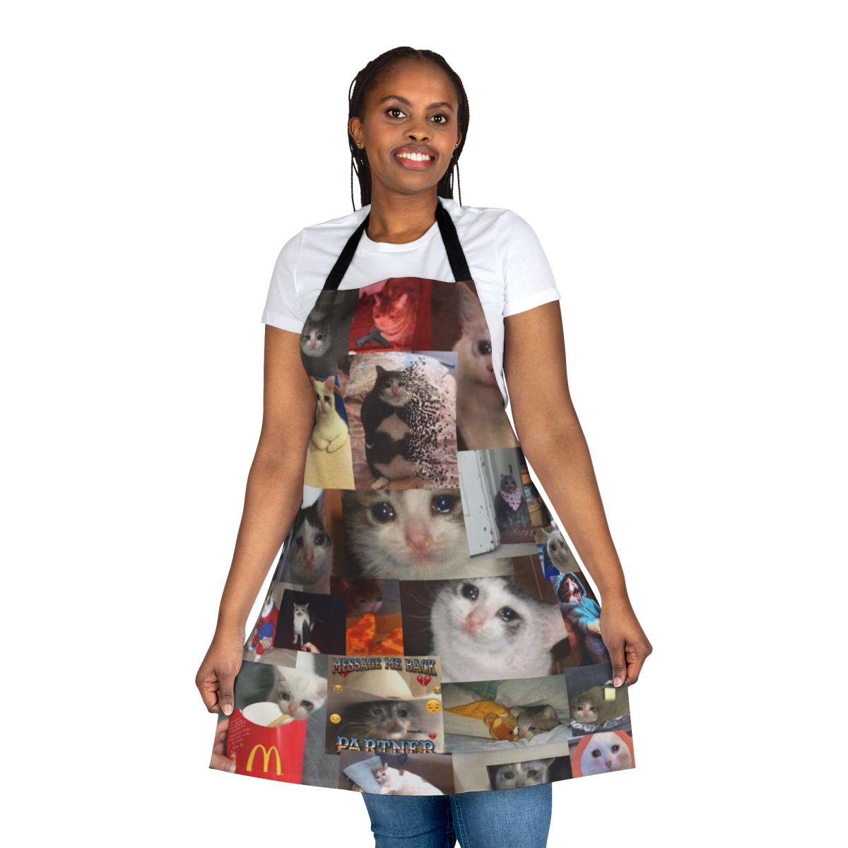 Stylish apron featuring a cute and funny crying cat meme design